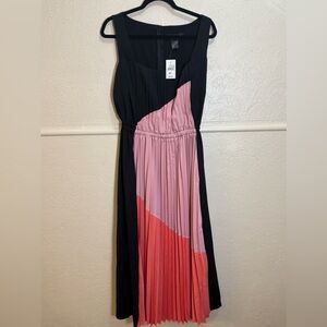 Ashley Stewart Black Pink Coral Color block Pleated Maxi Dress Size 12